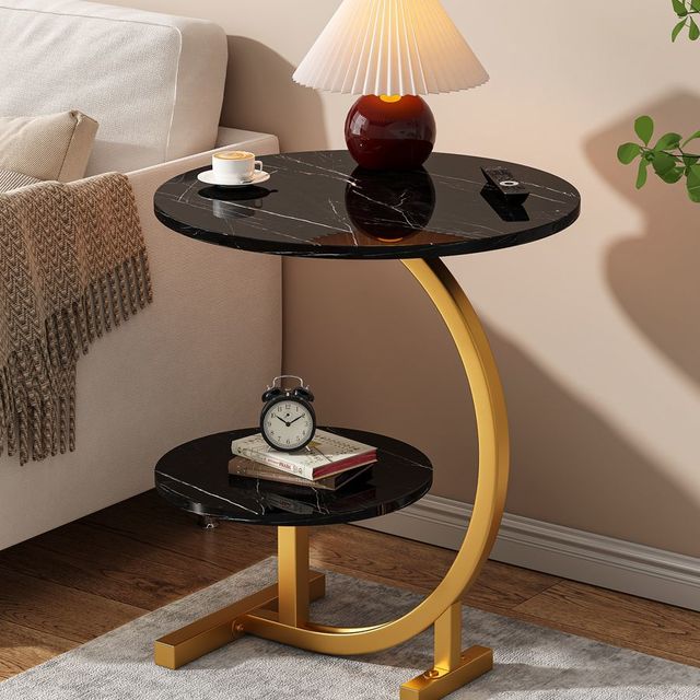 Compact Modern Side Table with Sintered Stone Top and Curved Metal Leg