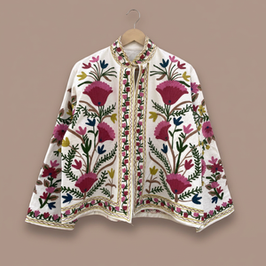 <b>Women</b> Floral Embroidered Stand <b>Jacket</b> White Open Stitch Long Sleeve <b>Lightweight</b> Autumn/Winter Fashion Coat <b>for</b> Casual Wear - Product Image 2