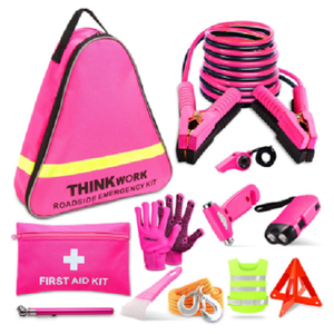 Kit d'urgence routière rose pour voiture avec câbles de démarrage, corde de <span class=keywords><strong>remorquage</strong></span>, fusée de signalisation LED et sifflets – Trousse d'outils de sécurité d'urgence pour femmes - Product Image 2