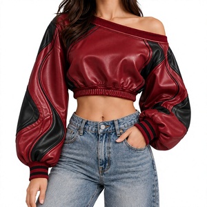 Women Burgundy PU <b>Leather</b> Blouson Jacket With Puff Sleeves Contrast Color Block <b>Short</b> Crop Top Autumn Style - Product Image 1