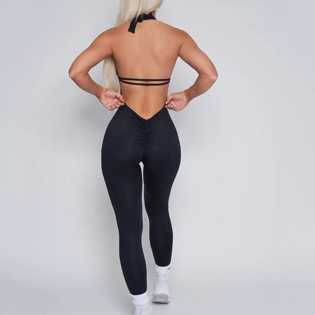 Kustom seksi atletik Yoga Gym kebugaran Peach Hip satu potong ukuran besar Deep V-Neck Halter Backless Scrunch Butt Jumpsuit wanita