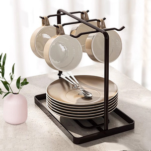 Escurridor de tazas y platillos de metal para escritorio, estante con capacidad para seis tazas y bandeja para almacenamiento de tazas de café - Product Image 1