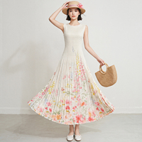 Robe longue plissée Miyake pour femme, coupe trapèze, sans manches, avec corsage uni et imprimé floral aquarelle chic, personnalisable OEM