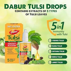Dabur Tulsi Drops 30ml (20ml + 10ml gratuits) Contient des extraits de 5 Tulsi Rare stimule l'immunité | Soulagement de la toux et du rhume - Product Image 2