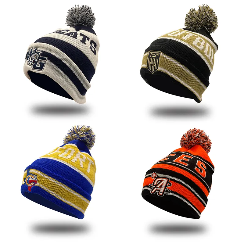Wholesale Winter Ski Hat Toque Embroidery Logo Knitted Striped Beanie Hat With Pom Pom