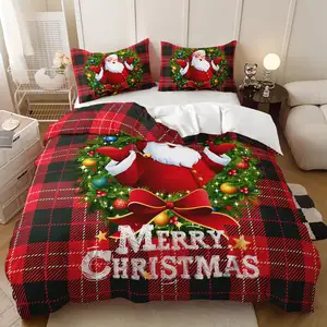 3件套圣诞被子套装双面床罩和节日图案床上用品圣诞红色被子套装大号