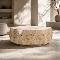 Table basse de luxe en bois de burl facetté, table centrale octogonale sculpturale rustique et créative