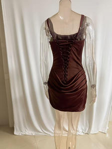 Vestido Mini Marrón Chic Fruncido para Mujer 2026, Cuello Cuadrado, Sin Mangas, Ajustado, con Dobladillo Plisado, Estilo Túnica, para Verano, Fiesta Urbana, Color Liso, Vestidos de Señora - Product Image 5