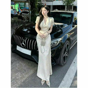 Vestido Maxi Casual con Cuello en V y Estampado de Puntos Blancos, Vestido de Fiesta con Escote Cruzado y Estampado de Puntos Vietnamita, Tela de Chifón Suave - Product Image 4