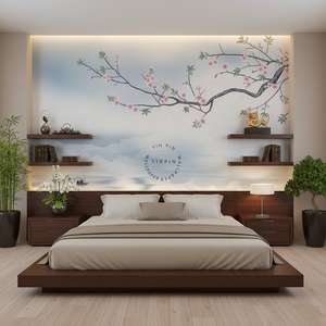 Papel Tapiz Autoadhesivo Impermeable para Decoración de Paredes Interiores <span class=keywords><strong>del</strong></span> Hogar, con Diseño de Barcos de Pesca, Ramas de Flores y Paisaje de <span class=keywords><strong>Lago</strong></span>, Estilo Chino - Product Image 3