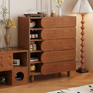 Cómoda de Madera Maciza de Estilo Retro Francés con Cinco Cajones, Mueble de Almacenamiento para Sala de Estar o Dormitorio, Aparador de Estilo Vintage, Mueble de Madera de Fresno - Product Image 3