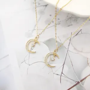 Kalung Rantai Liontin 14K Gaya Korea, Kalung Perhiasan Zirkonia Kubik Emas Bentuk Bulan Warna Kuning untuk Hadiah Pernikahan