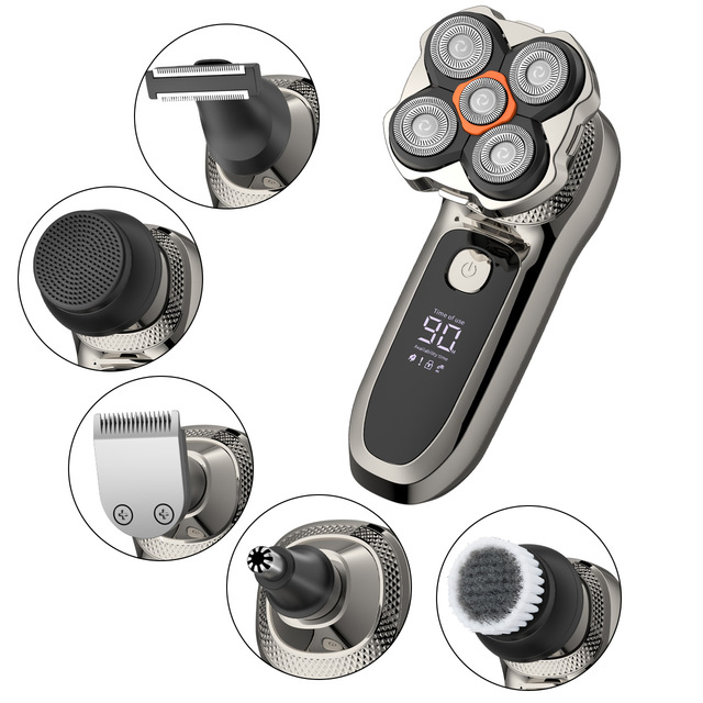 6 in 1 Electric Shaver IPX6 Waterproof Magnetic Head Rotary Shaver Razor Beard Grooming Kit for Men