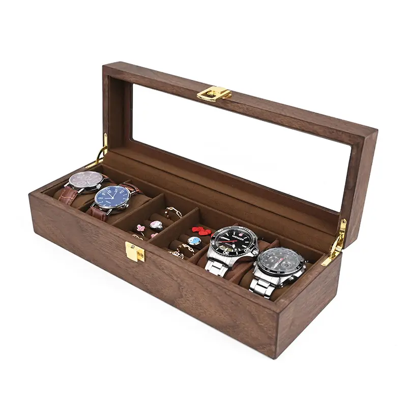 Großhandel retro 6-Gitter umweltfreundliche massives Holz Uhrenbox Glas Sammlung Schaukasten Geschenkbox Schmuck lagerung Haushaltgebrauch