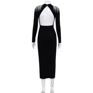 Robe de soirée élégante pour femme, col montant, dos nu, taille haute, manches longues, longueur midi, fente sexy, moulante et <span class=keywords><strong>chic</strong></span> - Product Image 6