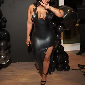 Viviblook Z1031DS nouvelles robes pour femmes irrégulière sans bretelles en cuir fente serrée Maxi dos nu maigre discothèque tenue décontractée - Product Image 2