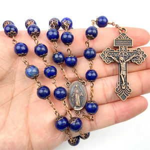 Rosario Cattolico con Perline di Giada Lazurite, Medaglia Miracolosa Cristiana e Croce, Realizzato con Pietre Naturali Blu <span class=keywords><strong>Navy</strong></span> - Product Image 4