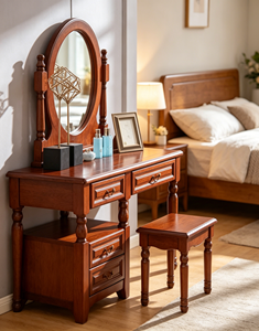 Traditional Solid Wood Dressing <b>Table</b> Set With <b>Mirror</b> And Stool 2 Drawers Mahogany Bedroom Makeup <b>Vanity</b> Desk - Product Image 5