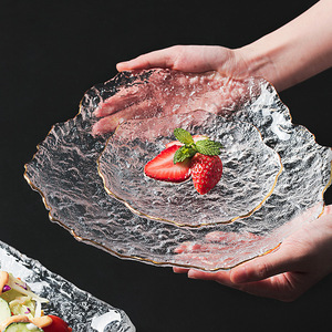 Ensemble de plateaux en verre cristal <span class=keywords><strong>soufflé</strong></span> à la main, texture texturée, avec bord doré, pour gâteaux, desserts et décoration intérieure de style japonais - Product Image 1