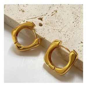 Geometric ins women party chunky hoop antique gold plated square earring