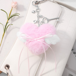 Porte-clés en peluche rose décontracté, doux et polyvalent, avec des ailes d'ange, des étoiles, un ruban, un pompon, un nœud, un porte-clés DIY, un pendentif pour sac, un cadeau - Product Image 5