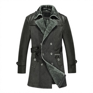 Manteau en cuir long pour homme à double boutonnage avec doublure en fausse fourrure, coupe-vent, veste d'hiver décontractée, manches régulières épaisses, col rabattu - Product Image 1