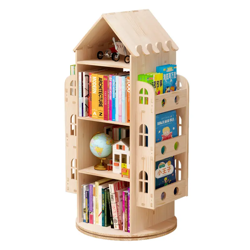 Chiquitos 360 Angle Solid Wood Children'S Rotating Bookshelf Floor Student Picture Bookshelf