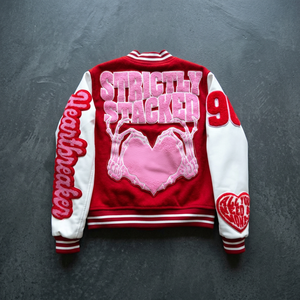 Red Varsity Jacket Embroidered Heartbreaker Patch Money Slogan Preppy Style Genuine Leather Shell Solid Unisex for Autumn Wear - Product Image 4
