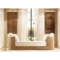 Lit double moderne en tissu avec base en chêne rainuré, multifonctionnel et rembourré, pour chambre et salon