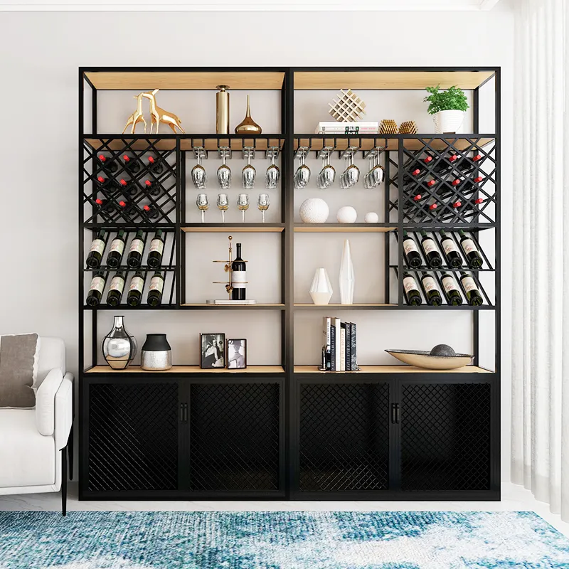 Home furniture 2021 iron frame 4 or 2 wooden cabinets large storage shelve with cabinet wine rack shelf