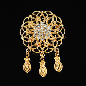 Gold Plated Alloy Crystal Flower Brooch with Hollow Design and Dangle Charms for Women Wedding Party Accessories - Product Image 1