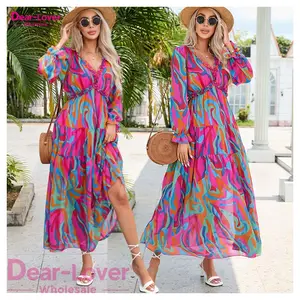 Dear-Lover Vestidos Casuales abito lungo con stampa floreale astratta a vita alta abiti lunghi da donna