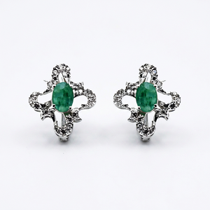 Women's Vintage Trendy Emerald Natural Stone <b>Stud</b> Earrings in 925 <b>Silver</b> Diamond-Highlighted White & Rose Gold - Product Image 1