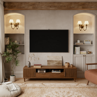 Meuble TV autoportant de style Mid-Century Modern à profil bas cannelé avec 2 armoires, tiroirs et étagère, pour salon, référence DSG052 (Stock US)