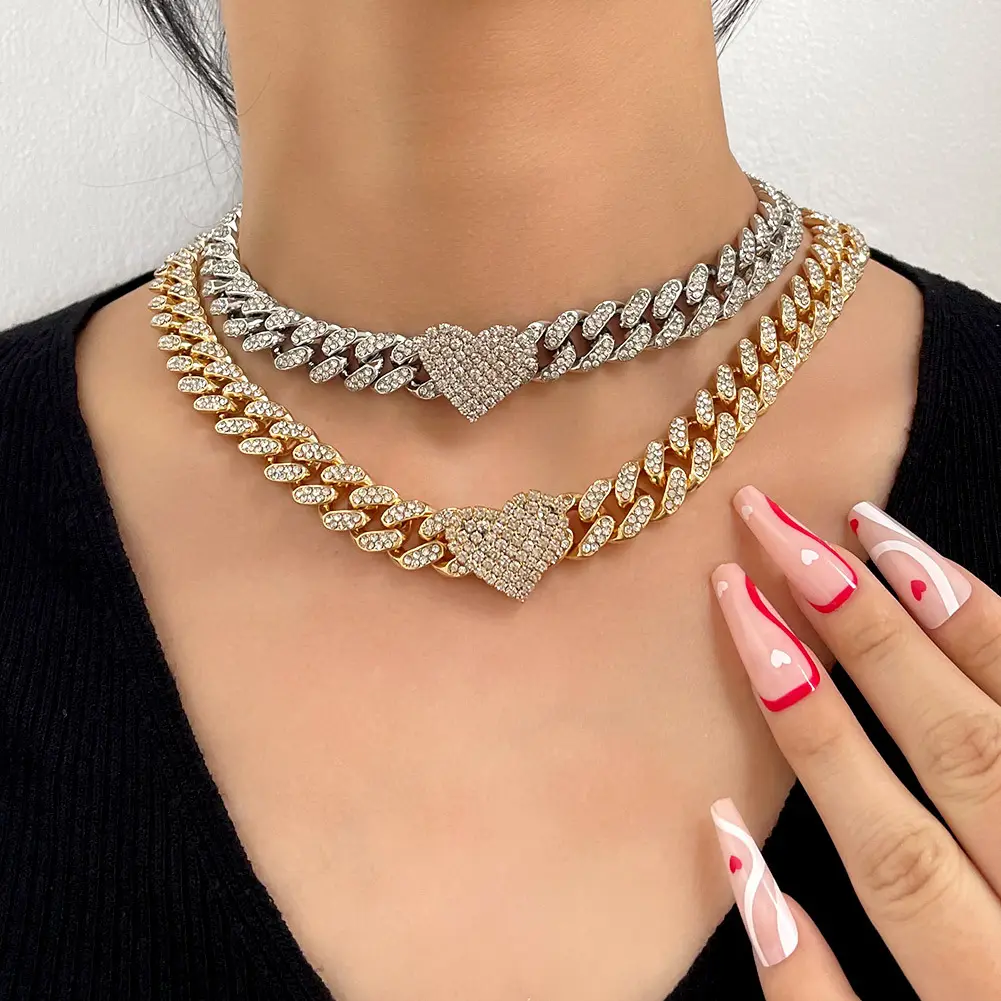 Hip hop Iced Out Love Heart Cuban link Choker Necklace Woman Necklace