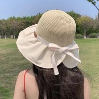 Sombrero de Paja de Ala Ancha para Mujer, Nuevo Modelo de Verano, Versátil, Portátil, con Lazo, Ideal para la Playa y Viajes, Venta al Por Mayor