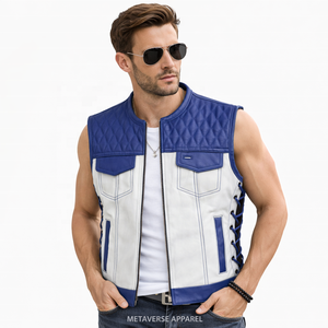 Chaleco de Motociclista de Cuero Bordado de Alta Resistencia, Poliéster/Algodón, con un Solo Botón Frontal, Lavado, Transpirable, Casual de Verano - Product Image 1