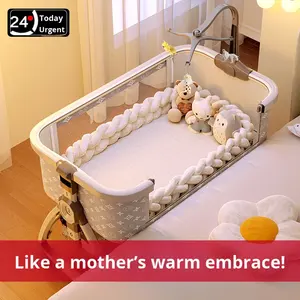 <strong>Top</strong>-Rated Modern Adjustable Baby <strong>Cot</strong> Foldable Bedside Cradle with Storage &amp; Mosquito Net Metal Frame Safety Belt for Newborns - Product Image 3