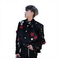 Veste Courte Noire BIG Wisdom pour Homme, Robuste, à Paillettes, Motif Floral Tridimensionnel, Design Original, Costume de Scène à Paillettes
