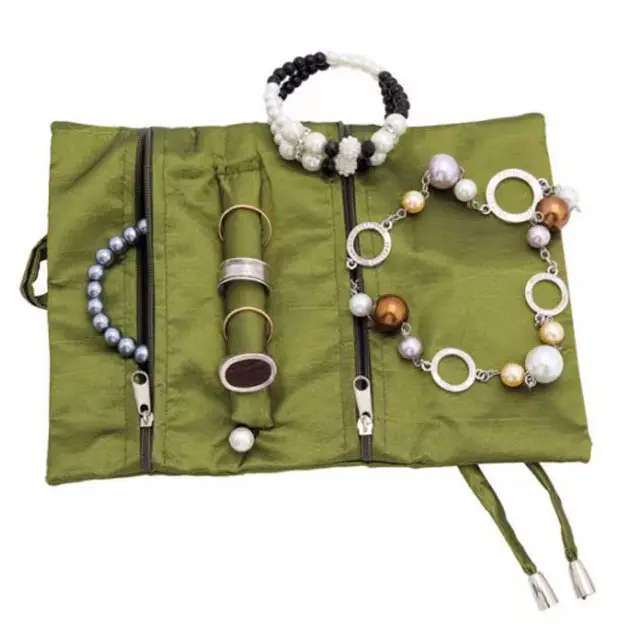 Kompakt seyahat kumaş mücevher organize rulo katlanabilir takı organizatör çantası yolculuk-yüzük, kolye, bilezik, küpe