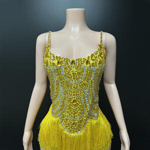 Novance Y4085 2025 Nuovi Arrivi Costume da Ballo Latino con Nappe Gialle Abito da Palcoscenico per Cantanti Femminili Body con Strass Luccicanti - Product Image 4