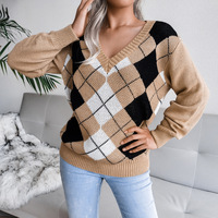 Dropshipping New Casual Top Pull en tricot à col en V pour femmes Preppy Style Diamond Casual Knitted Top For Women
