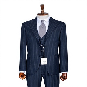 Traje de Negocios para Hombre PERJAC, Gris con Rayas, Cuello Mao, Doble Botonadura, Mezcla de Viscosa/Poliéster, Antiarrugas, Tallas Grandes - Product Image 1