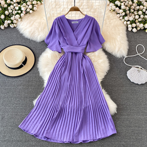 Short Sleeve V-neck Solid Pleated <strong>Dress</strong> Draped <strong>Chiffon</strong> High Waist Maxi <strong>Dress</strong> Ladies <strong>Casual</strong> <strong>Dress</strong> Clothes Women Wholesale - Product Image 2