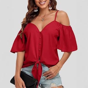 Camiseta sin Tirantes para Mujer, Estilo Casual, Cuello en V Profundo, Poliéster, Color Sólido, con Cordones, Elegante, Nueva Colección <span class=keywords><strong>de</strong></span> Verano - Product Image 2