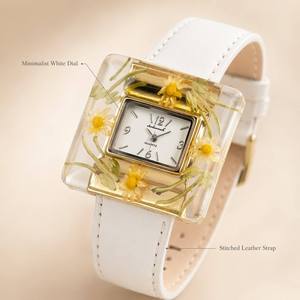 <span class=keywords><strong>Montre</strong></span> en résine avec fleurs séchées naturelles Soleviah, <span class=keywords><strong>montre</strong></span> à quartz carrée avec marguerite, <span class=keywords><strong>bracelet</strong></span> en cuir blanc, montres florales faites à la main pour femmes - Product Image 3