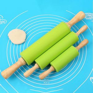 Custom Wholesale Non-Stick Silicone <b>Rolling</b> <b>Pin</b> Wooden Handle Pastry Dough Flour Roller Kitchen Cooking Baking Tool - Product Image 1