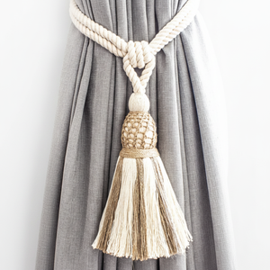 Attache de rideau en corde tissée bicolore naturelle, crème et naturelle, attache de rideau bohème chic, attache de rideau bohème - Product Image 1