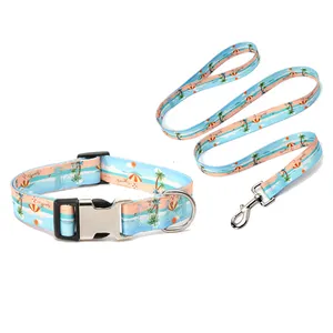 Wholesale Custom Logo Pet Dog Collar Summer Beach Hawaiian Medium Small Luxury Metal Buckle Pet Dog Collar and Leash Set