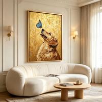 Tableau mural encadré Golden Retriever, peinture texture or papillon bleu, cadre doré mat, décoration pour maison de campagne, cadeau pour animal de compagnie